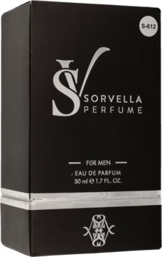 Czarne pudełko Sorvella Perfume dla mężczyzn, 50 ml, z srebrnym logo i białymi napisami, widok z przodu pod kątem.