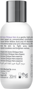 Tył białej butelki serum Anti Acne Clinique Hero 30ml ze srebrną zakrętką. Etykieta z opisem i składem.