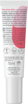 Pink Acne Killer, biała tubka 15ml, tył opakowania ze składem i różowym labelem. Opisany jako spot remedy.