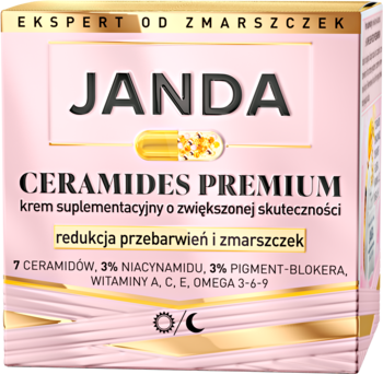 Różowo-złote pudełko kremu Janda Ceramides Premium, redukującego przebarwienia i zmarszczki, widok z przodu.