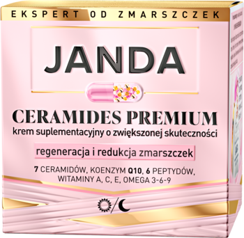 Krem Janda Ceramides Premium na zmarszczki, różowo-beżowe opakowanie z ceramidami i Q10, widok z przodu.