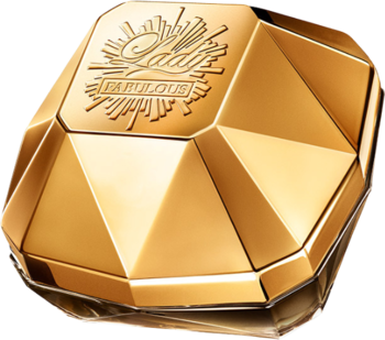 Złoty, fasetowany flakon perfum Paco Rabanne Lady Million Fabulous, przypominający diament, widok z góry.