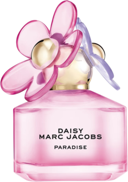 Różowa butelka perfum Daisy Marc Jacobs Paradise. Przezroczyste szkło, nakrętka w kształcie kwiatu z różowymi płatkami, widok z przodu.