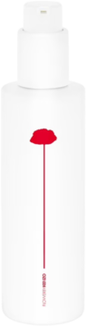 Mleczko do ciała Flower by Kenzo w białej butelce z pompką, widok z przodu, ozdobione czerwonym makiem.