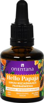 Orientana Hello Papaja serum rozjaśniające w brązowej butelce z pipetą, etykieta z papają, widok z przodu.