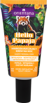 Orientana Hello Papaja: mikrozłuszczający krem na noc w kolorowej tubce z pandą rudą, widok z przodu.