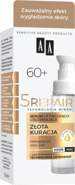 Butelka serum 60+ AA Technologia Wieku 5 Repair i kartonowe opakowanie, złota kuracja, widok pod kątem.