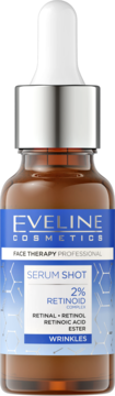Eveline Serum Shot 2% Retinoid Complex, serum przeciw zmarszczkom, brązowa butelka, widok z przodu.