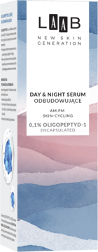 AA LAAB serum odbudowujące na dzień/noc w białym pudełku, z 0,1% OLIGOPEPTYD-1, front na gradientowym tle.