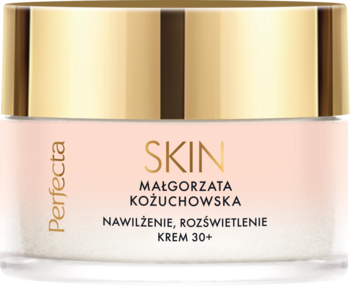 Perfecta Skin Małgorzata Kożuchowska, krem nawilżająco-rozświetlający 30+ w różowym słoiczku ze złotą nakrętką, widok z przodu.