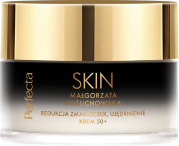 Perfecta SKIN krem 50+ przeciwzmarszczkowy w czarnym słoiku ze złotą nakrętką, widok z przodu.