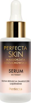 Perfecta Skin serum do twarzy, biała butelka z złotym aplikatorem, silna redukcja zmarszczek i ujędrnienie.