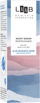 AA LAAB Night Serum Eksfoliujące 0,1% Glycolic Acid, białe pudełko z falistym wzorem, widok pod kątem.