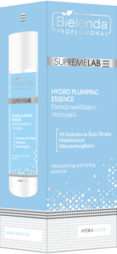 Niebieskie pudełko Bielenda Supremelab Hydro Plumping Essence, nawilżająco-tonująca esencja ze śluzem ślimaka.