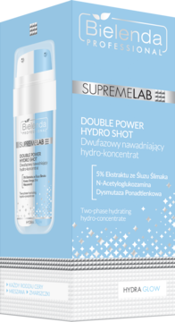 Bielenda Supremelab Double Power Hydro Shot, dwufazowy nawadniający hydro-koncentrat, jasnoniebieskie pudełko.