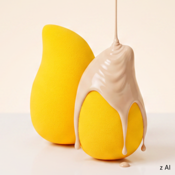 GLOV Mini Mango Sponges: dwie żółte gąbeczki do makijażu, jedna z kropelkami beżowego podkładu.