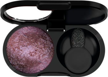 Vamp! Wet&Dry 104 Deep Plum, otwarty cień w czarnym kompakcie, metaliczny fioletowy puder z marmurkową teksturą.