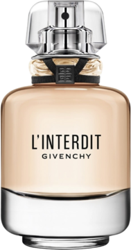 Givenchy L'Interdit, butelka perfum z płynem w kolorze ciepłego beżu, srebrnym korkiem, widok z przodu.