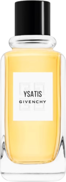 Perfumy Ysatis Givenchy w szklanej butelce z czarną nakrętką, bursztynowy płyn, widok z przodu.