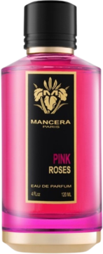 Mancera Pink Roses EDP, różowa butelka z czarnym korkiem, czarna etykieta ze złotym logo, widok z przodu.
