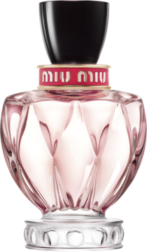 Miu Miu Twist woda perfumowana w fasetowanej butelce z jasnoróżowym płynem i logo Miu Miu, widok z przodu.