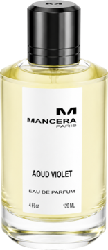 Mancera Aoud Violet woda perfumowana 120ml, elegancka butelka z klarownego szkła, złoty płyn, czarna zakrętka, widok z przodu.