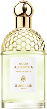 Guerlain Aqua Allegoria Herba Fresca EDT, zielona butelka z unikalnym złotym korkiem w plaster miodu.