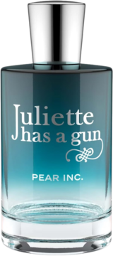 Perfumy Juliette has a gun PEAR INC. w szklanej butelce gradientowej od ciemnego turkusu do jasnego błękitu, z srebrną nakrętką.