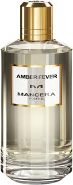 Amber Fever woda perfumowana Mancera, przezroczysta butelka ze złotą nakrętką i białą etykietą. Widok z przodu.