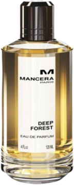 Mancera Deep Forest Eau de Parfum w przezroczystej, złotej butelce z białą etykietą, frontalny widok.