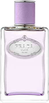 Prada Infusion de Figue woda perfumowana. Szklana butelka z fioletowym płynem, srebrna etykieta, ryflowana nakrętka.