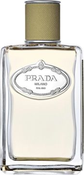 Prada Infusion de Vetiver: prostokątna szklana butelka perfum z jasnym płynem, oliwkowym korkiem, widok z przodu.