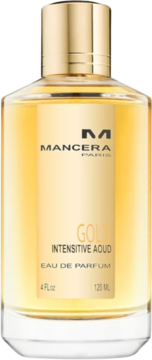 Butelka Mancera Gold Intensive Aoud Eau de Parfum, 120 ml, złoty płyn, widok z przodu, złota nakrętka.