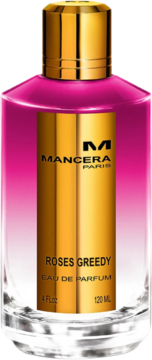 Mancera Roses Greedy Eau De Parfum w różowo-złotej butelce z prostokątną etykietą, widok z przodu.