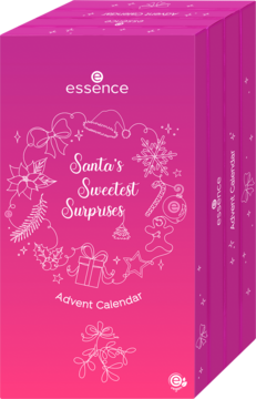 Różowy kalendarz adwentowy Essence Santa's Sweetest Surprises z bożonarodzeniową grafiką, widok z przodu i z boku.
