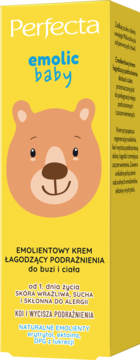 Perfecta Emolic Baby, emolientowy krem łagodzący, żółte pudełko z uśmiechniętym misiem.