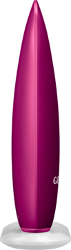 Magnetyczny peeling Geske 5w1, magenta, lśniący, opływowe urządzenie na białej, fasetowanej podstawie.