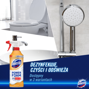 Domestos Power Foam, pomarańczowa butelka ze spryskiwaczem, na tle łazienki z toaletą i prysznicem.