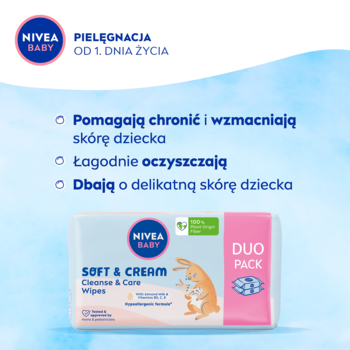 NIVEA BABY Soft & Cream chusteczki nawilżane Duo Pack, widok z przodu z opisem pielęgnacji skóry.