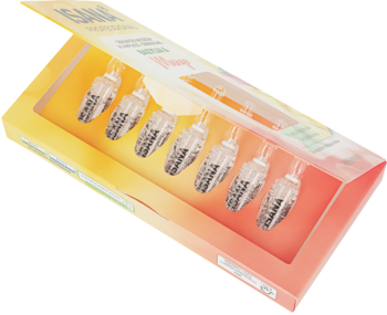 Odbudowujące serum do włosów Bazylia & Mango. Otwarte pomarańczowo-żółte pudełko z 7 ampułkami.