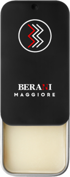 Berani Maggiore męski perfum w sztyfcie, czarne etui z czerwonymi literami i logo, widok z przodu.
