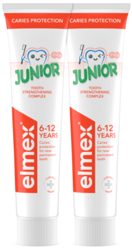 Dwupak pasty elmex Junior 6-12 lat, białe tubki z czerwono-zielonymi etykietami, widok z przodu.