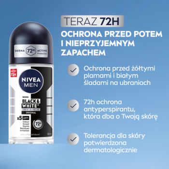 NIVEA MEN Black&White Invisible Original roll-on, 72h ochrona przed potem i plamami na niebieskim tle.