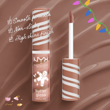 NYX Butter Gloss Swirl Sugar Cookie: brązowo-biała tubka błyszczyka z aplikatorem, otwarte opakowanie na tle brązu.