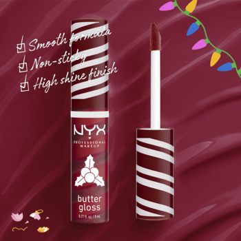 Czerwony błyszczyk NYX Butter Gloss Swirl Peppermint w limitowanej tubce w paski, z wysuniętym aplikatorem.