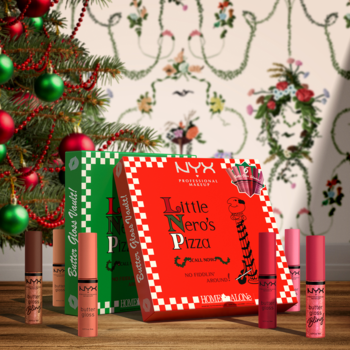 NYX Home Alone Butter Gloss set, limitowana edycja w czerwonych i zielonych pudełkach Little Nero’s Pizza, z błyszczykami.