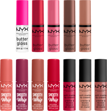 NYX: 12 błyszczyków Butter Gloss i matowych pomadek w tubkach, różnorodne odcienie nude, różu i czerwieni.