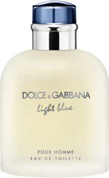 Butelka Dolce & Gabbana Light Blue Pour Homme EDT. Matowe szkło, srebrny korek z niebieskim paskiem, widok z przodu.
