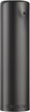 Gładka, ciemnoszara cylindryczna butelka perfum Giorgio Armani Emporio Homme, z czarnym punktem i logo.