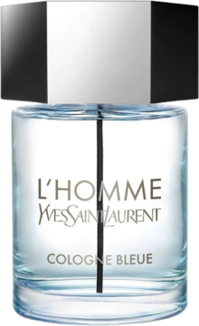 Butelka wody toaletowej L'Homme Cologne Bleue YSL, przezroczysta z niebieskawym płynem i srebrnym korkiem.